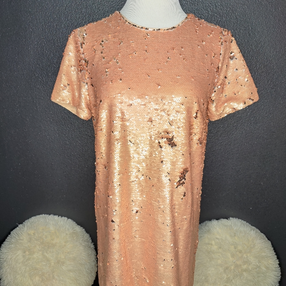 Forever 21 Rose Gold Sequin Mini Dress with Low Plunging V Back out size M